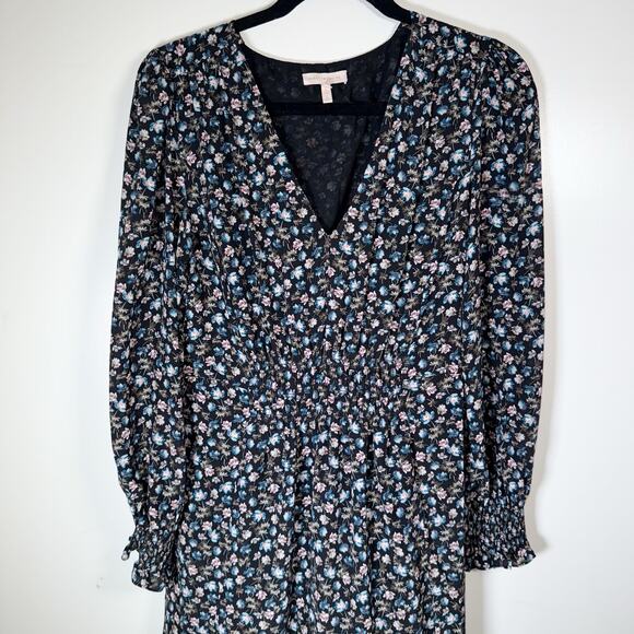 Rebecca Taylor Zelma Floral Silk Dress Size 8 Black Blue Pink V‑Neck Long Sleeve - Picture 6 of 15